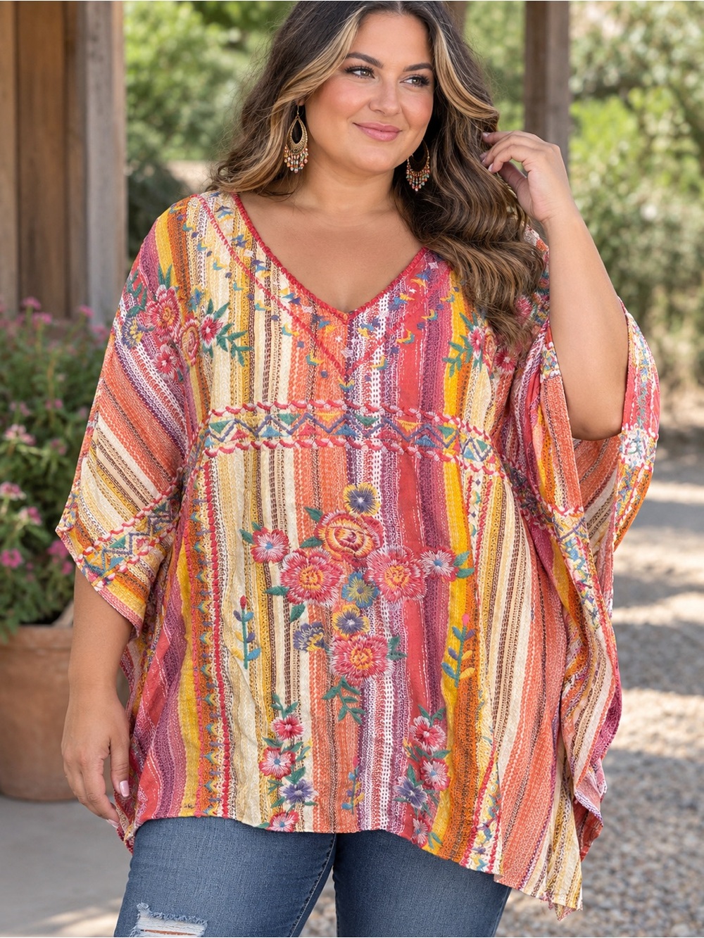 Vibrant Pink Orange Yellow Embroidered Blouse